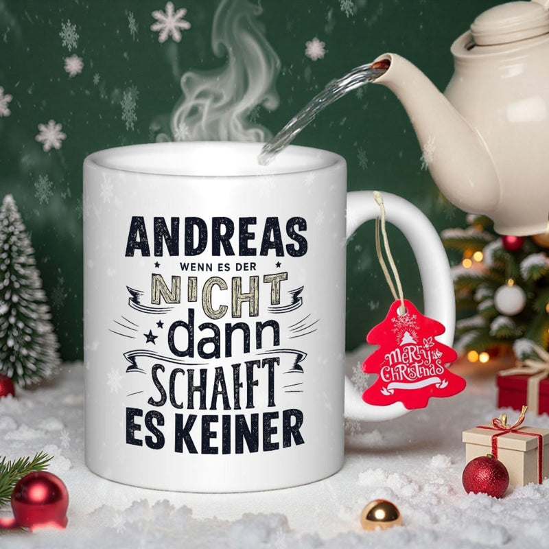 Tailorly White Ceramic 11 oz Mug - Merry Christmas Classic Ceramic Cup Resting In Snowy Environment With Steaming Hot Tea Mug