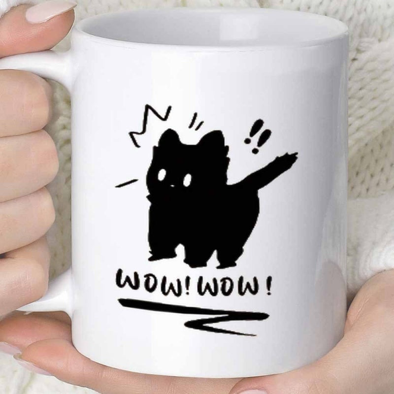 Tailorly White Ceramic 11 oz Mug - Wow Wow Minimalist Hand Drawn Black Cat Silhouette With Surprised Expression Standing Cat