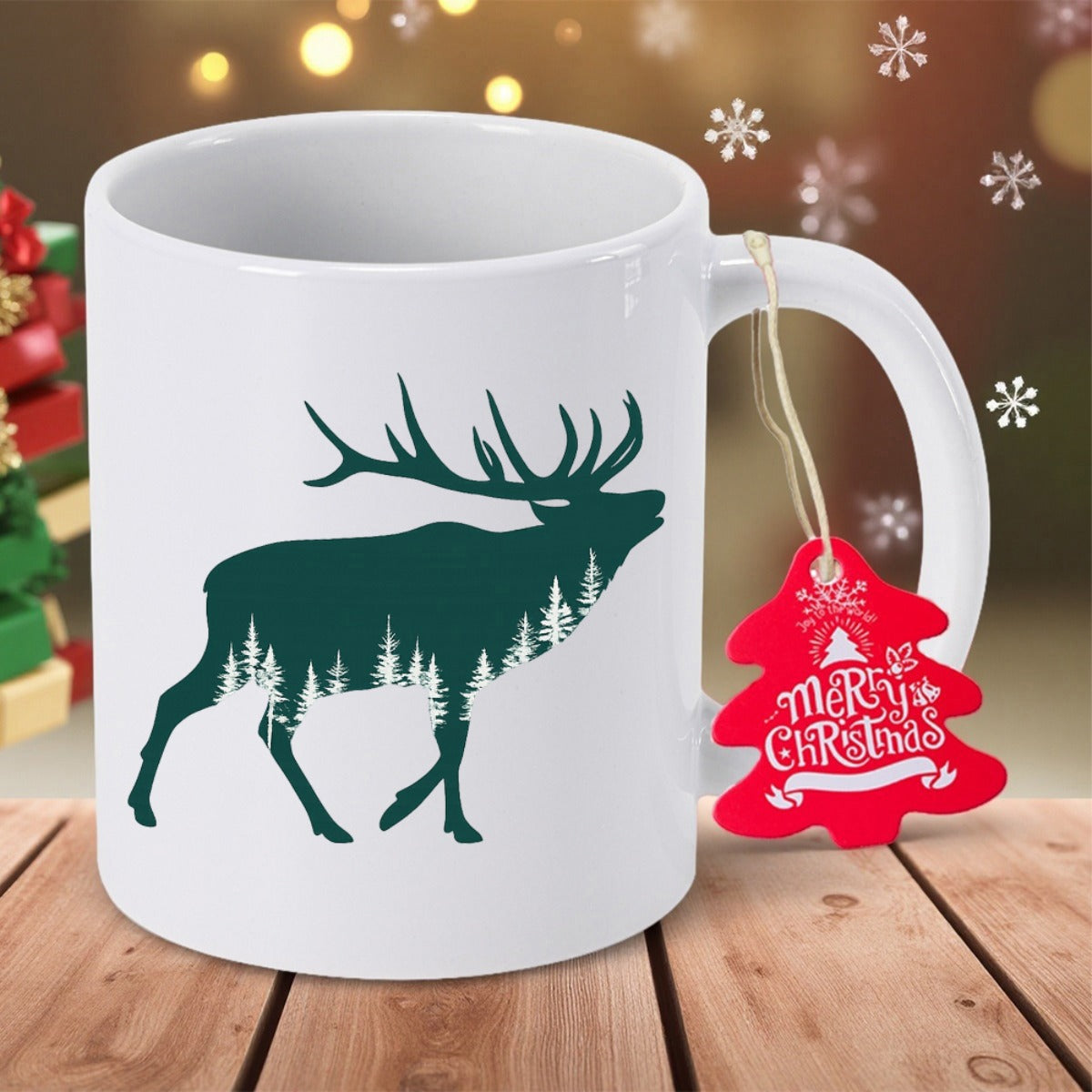Tailorly White Ceramic 11 oz Mug - Majestic Wilderness Silhouette With Pine Forest Trees Among Antlers Elk