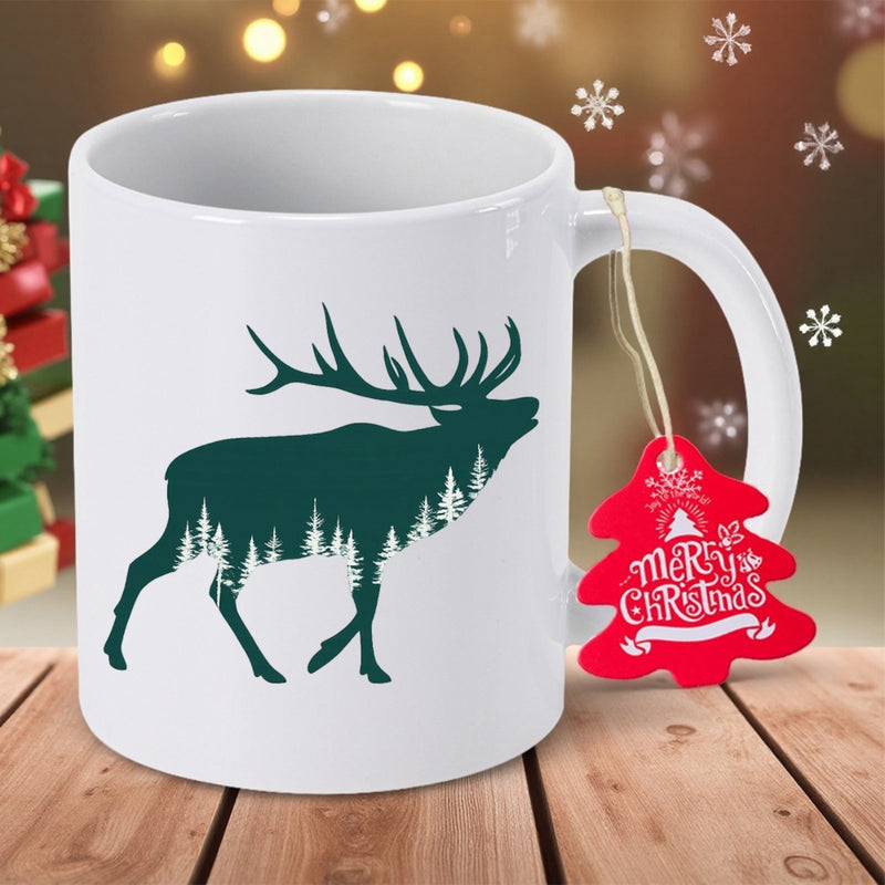 Tailorly White Ceramic 11 oz Mug - Majestic Wilderness Silhouette With Pine Forest Trees Among Antlers Elk