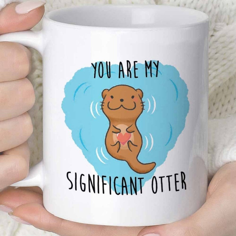 Tailorly White Ceramic 11 oz Mug - You Are My Significant Otter Floating Cute Animal Holding Red Heart On Blue Water Ripple Otter