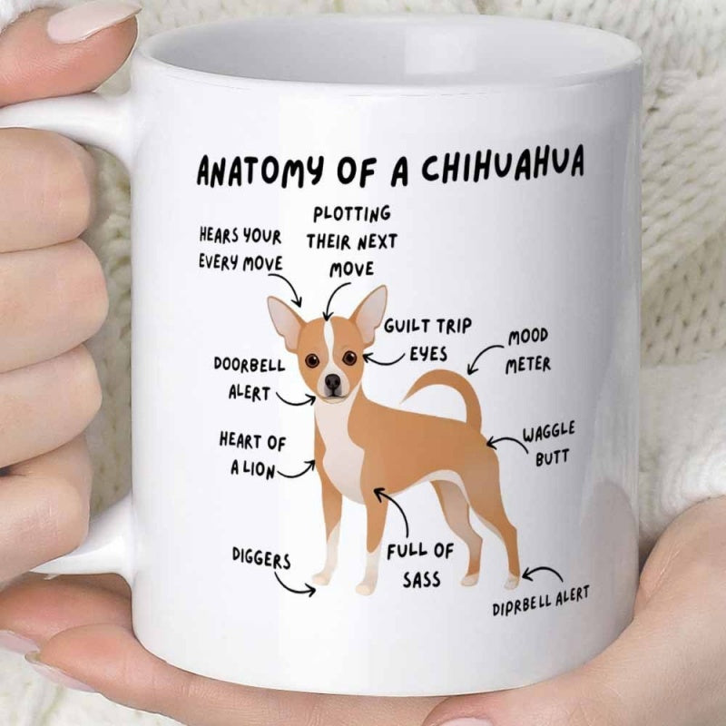 Tailorly White Ceramic 11 oz Mug - Anatomy Of A Chihuahua Playful Tan Dog Illustration With Humorous Body Part Labels Chihuahua