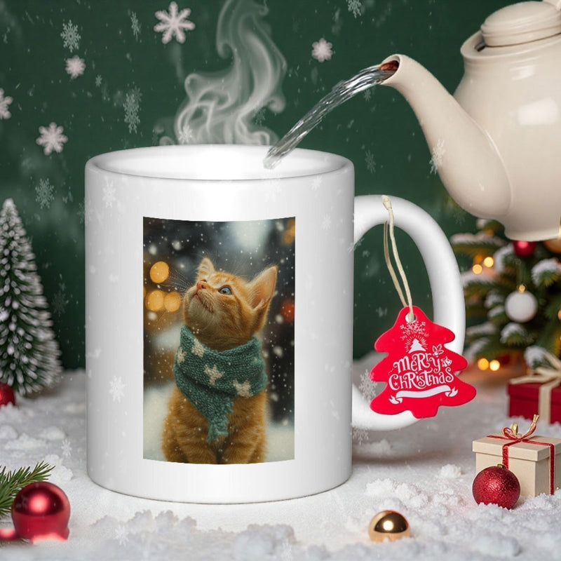 Tailorly White Ceramic 11 oz Mug - Merry Christmas Adorable Ginger Kitten Wearing Patterned Green Scarf Amidst Soft Winter Snowfall Cat
