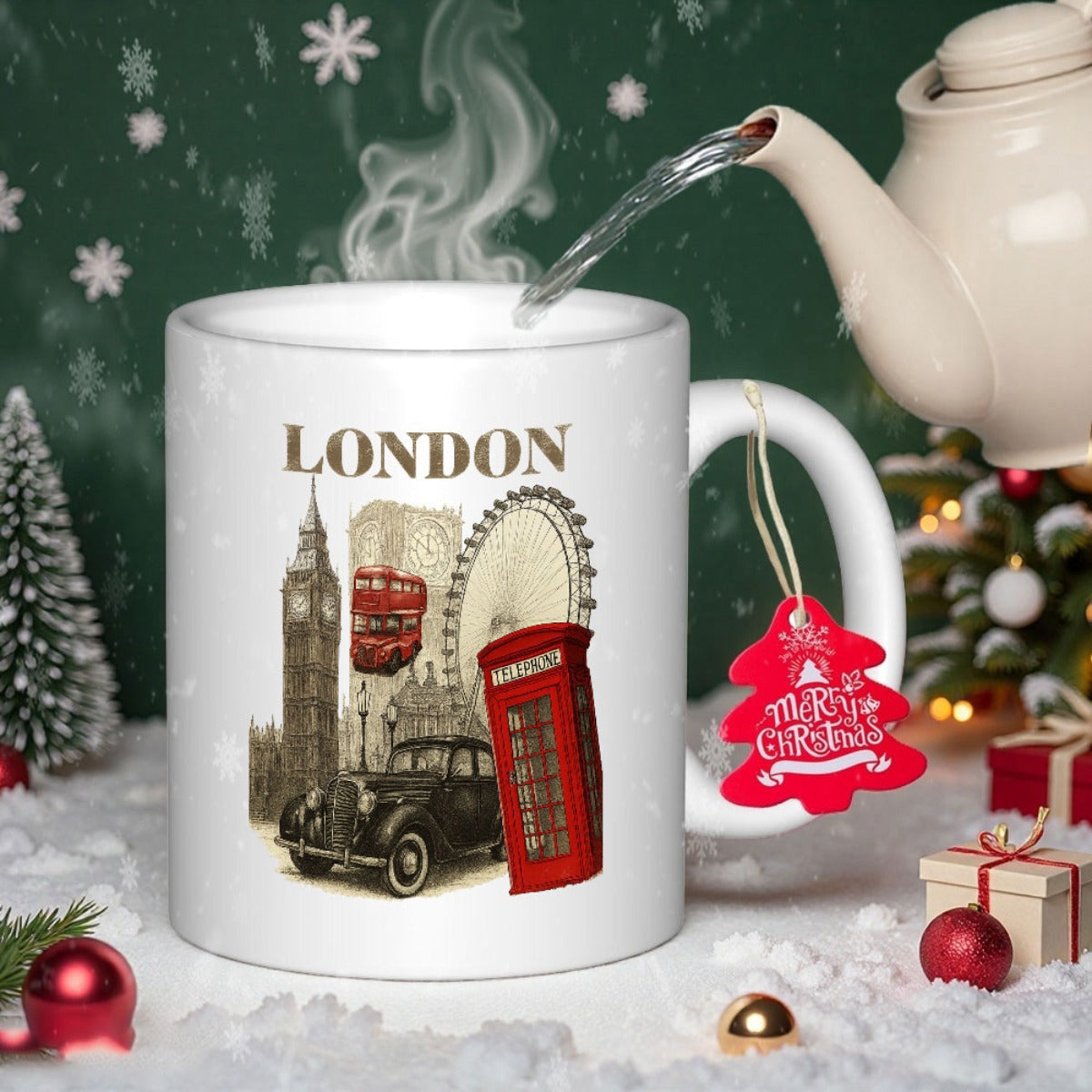Tailorly White Ceramic 11 oz Mug - London Vintage City Landmark Icons Featuring Red Bus And Big Ben Mug