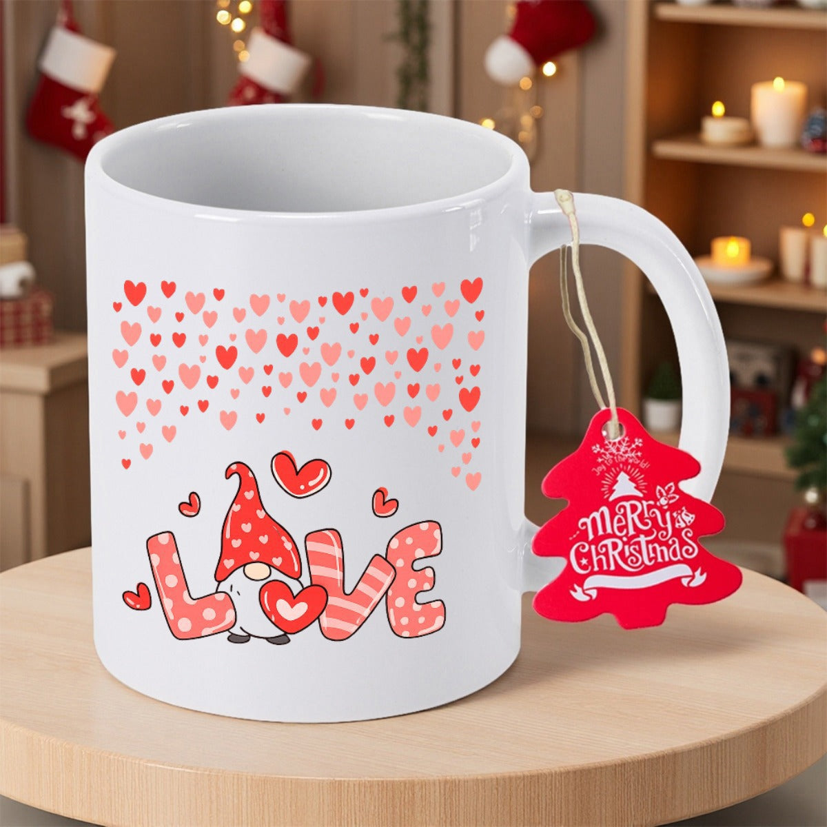 Tailorly White Ceramic 11 oz Mug - Love Merry Christmas Adorable Holiday Character Wearing Polka Dot Hat Holding Sweet Red Hearts Gnome