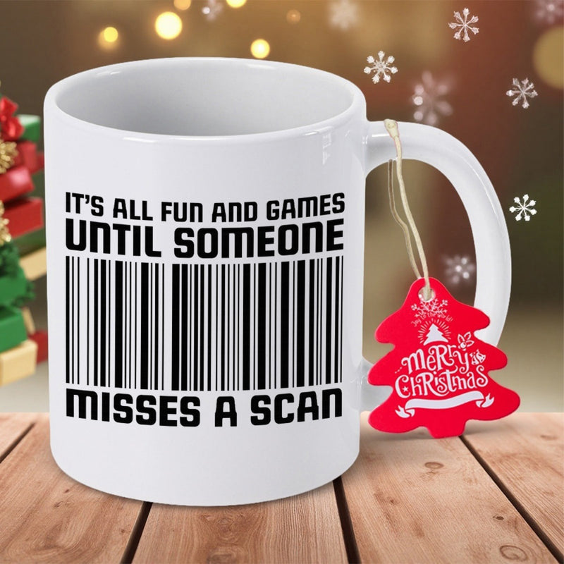 Tailorly White Ceramic 11 oz Mug - Its All Fun And Games Until Someone Misses A Scan Vertical Black Lines Forming A Detailed Retail Barcode Symbol Barcode