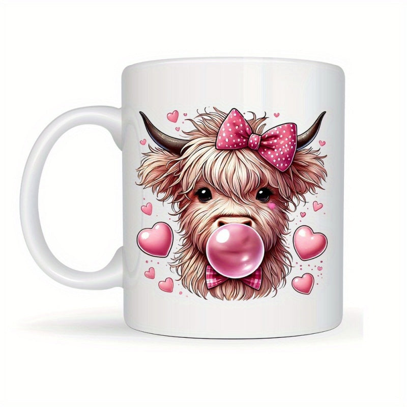 Tailorly White Ceramic 11 oz Mug - Fluffy Shaggy Animal Wearing Pink Polka Dot Bow Blowing Bubblegum Highland Cow