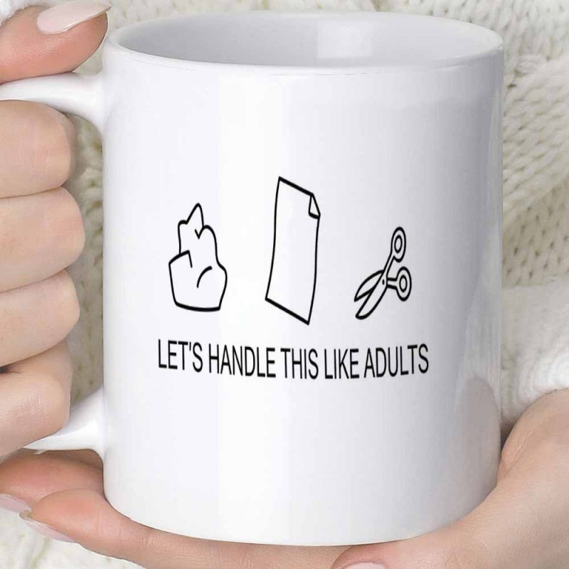 Tailorly White Ceramic 11 oz Mug - Lets Handle This Like Adults Minimalist Black Line Art Icons Representing Classic Rock Paper And Scissors