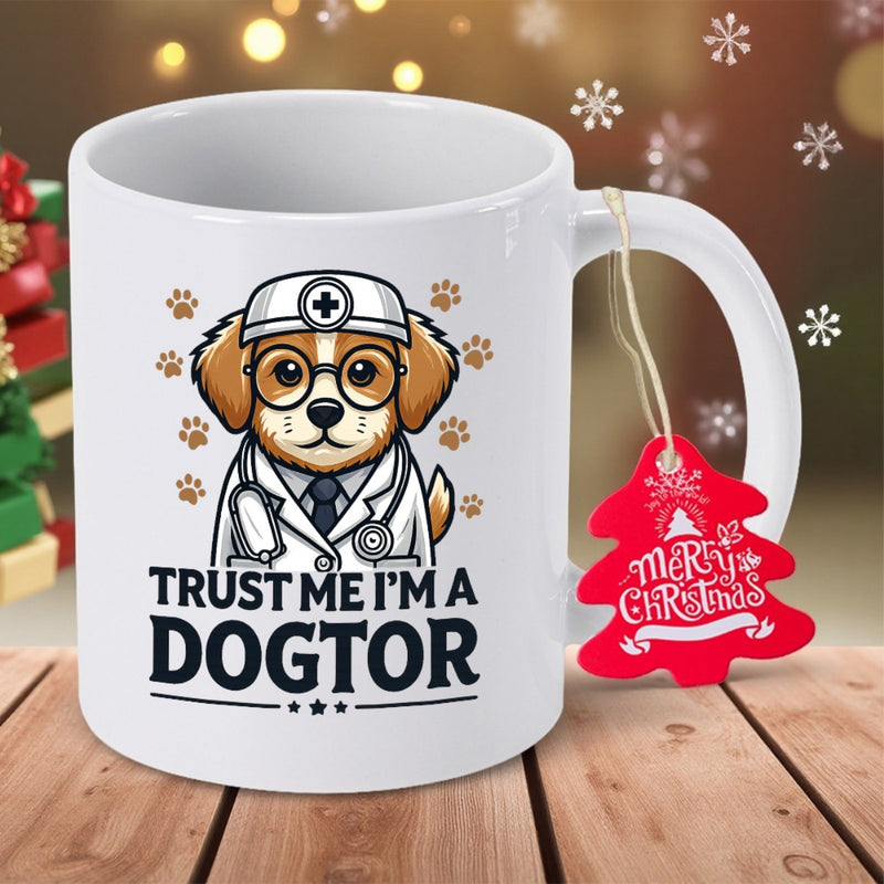 Tailorly White Ceramic 11 oz Mug - Trust Me Im A Dogtor Cute Cartoon Canine Wearing Professional White Medical Uniform And Round Glasses Dog
