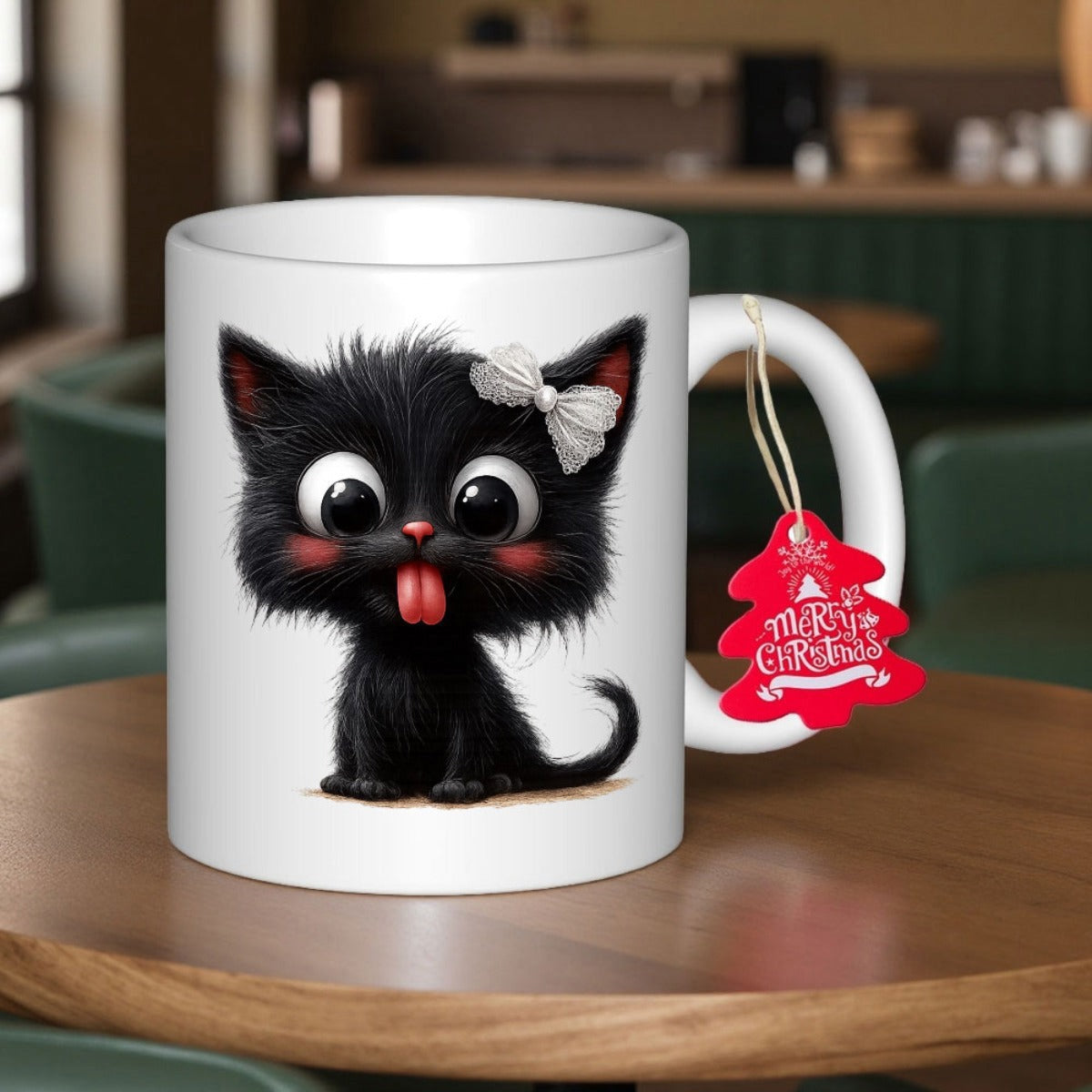 Tailorly White Ceramic 11 oz Mug - Merry Christmas Adorable Small Fluffy Black Kitten Sticking Out Tongue Wearing Bow Cat