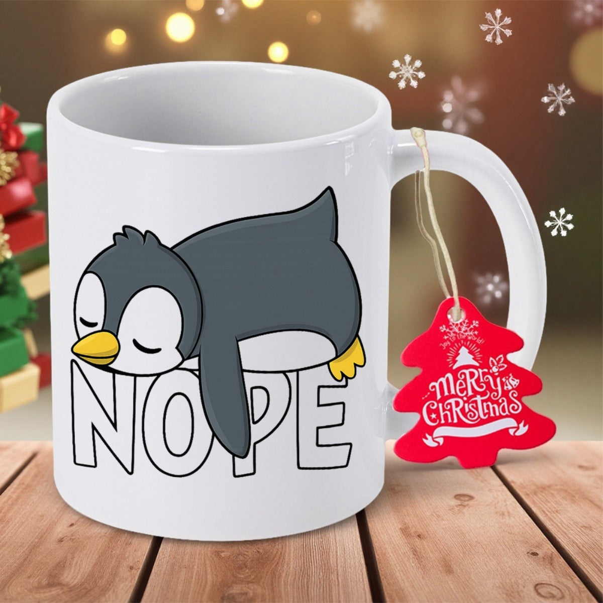 Tailorly White Ceramic 11 oz Mug - Nope Lazy Stylized Cartoon Bird Resting On Block Typography Penguin