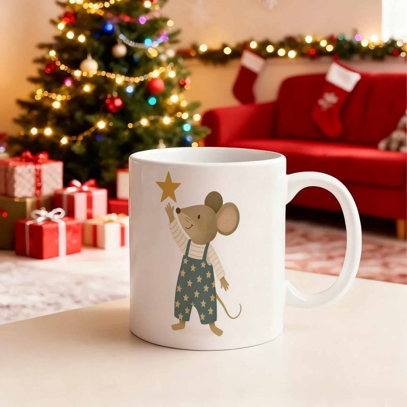 Tailorly White Ceramic 11 oz Mug - Adorable Small Mouse Wearing Green Starry Overalls Reaching Toward Golden Star Mouse