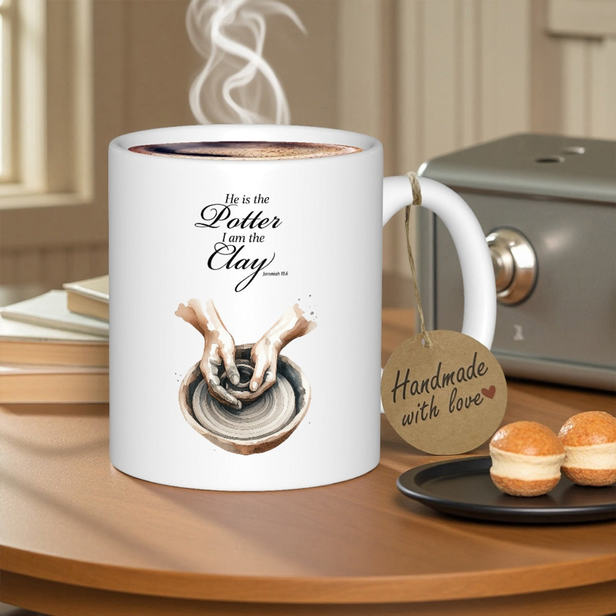 Tailorly White Ceramic 11 oz Mug - He Is The Potter I Am The Clay Isaiah 64 8 Artistic Hands Shaping Earthy Clay Upon A Traditional Spinning Potter Wheel Hands