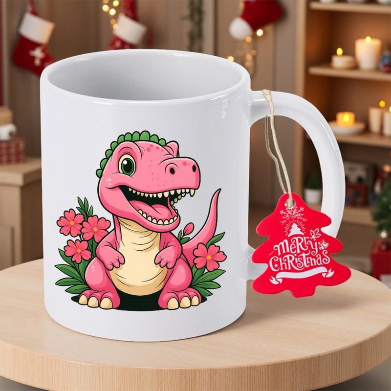 Tailorly White Ceramic 11 oz Mug - Merry Christmas Adorable Pink Cartoon Dinosaur Smiling Among Beautiful Blooming Flowers Dinosaur