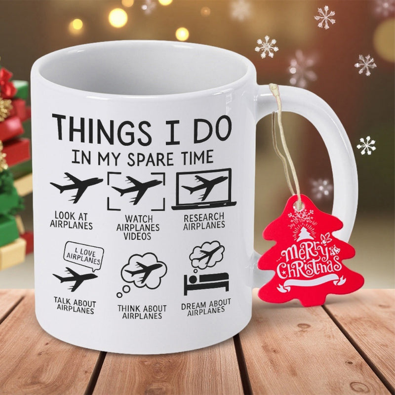 Tailorly White Ceramic 11 oz Mug - Things I Do In My Spare Time Minimalist Black Silhouettes Depicting Various Passionate Hobby Activities For Aviation Enthusiasts