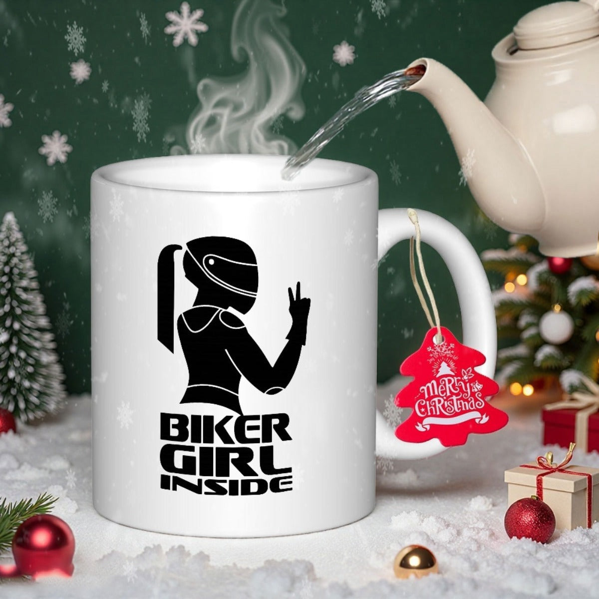 Tailorly White Ceramic 11 oz Mug - Biker Girl Inside Sleek Minimalist Black Silhouette Of Female Motorcyclist Wearing Racing Helmet Rider