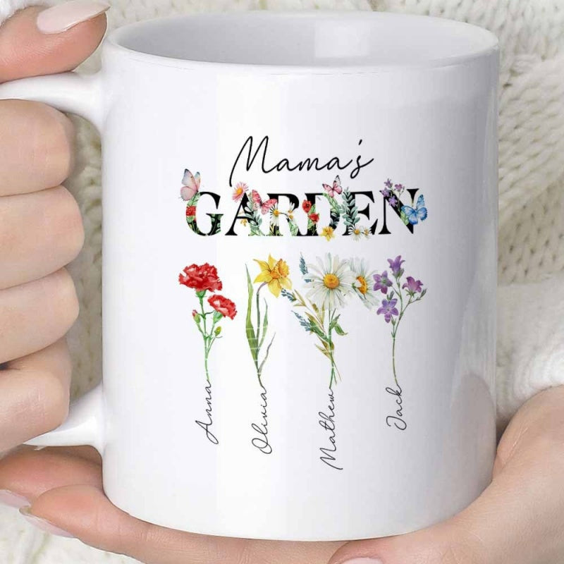 Tailorly White Ceramic 11 oz Mug - Mamas Garden Anna Olivia Matthew Jack Beautiful Wildflowers Blooming With Butterflies Among Graceful Handwritten Script Stems