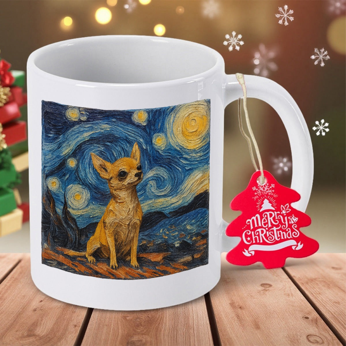 Tailorly White Ceramic 11 oz Mug - Merry Christmas Swirling Blue Cosmic Sky With Yellow Stars And Golden Moonlit Chihuahua