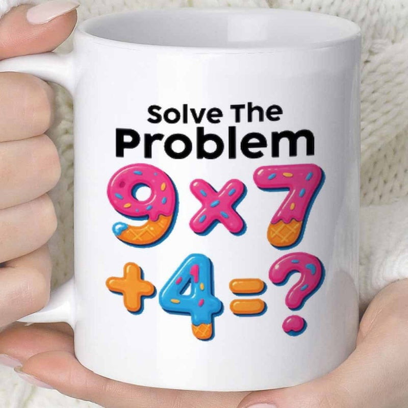 Tailorly White Ceramic 11 oz Mug - Solve The Problem Colorful Frosted Donut Styled Numbers And Symbols Arranged In A Equation