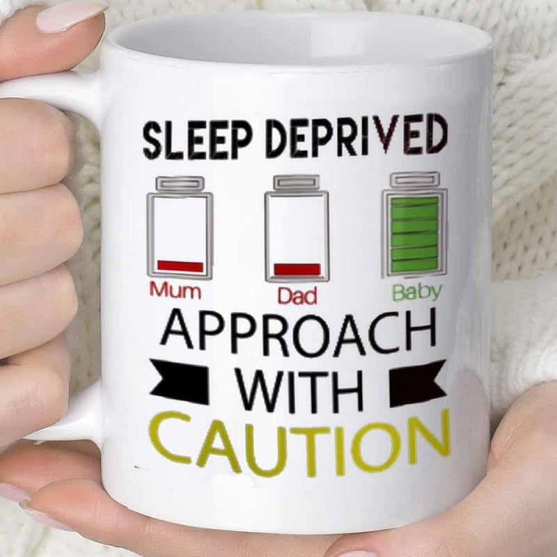 Tailorly White Ceramic 11 oz Mug - Sleep Deprived Mum Dad Baby Approach With Caution Three Battery Level Indicators Showing Tired Parents And Energetic Infant Mug