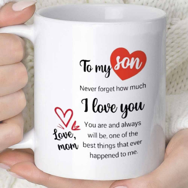 Tailorly White Ceramic 11 oz Mug - To My Son Never Forget How Much I Love You Love Mom Minimalist White Ceramic Vessel Featuring Decorative Red Hearts And