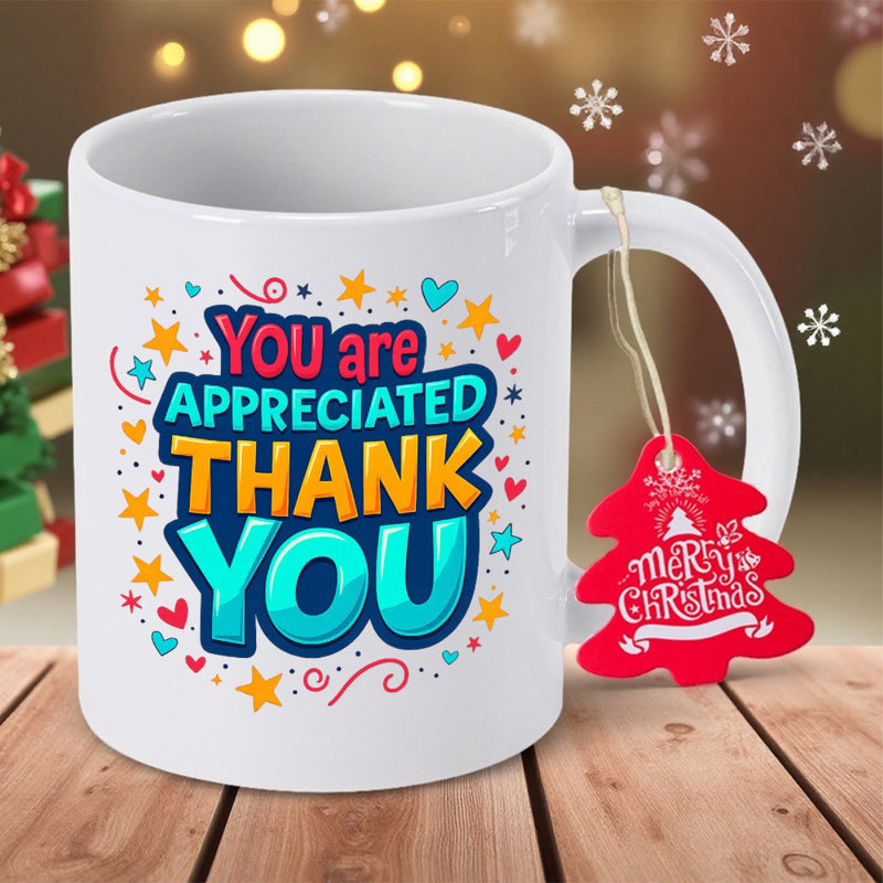 Tailorly White Ceramic 11 oz Mug - You Are Appreciated Thank You Merry Christmas Colorful Vibrant Stars And Hearts Surrounding Warm Appreciation Mug