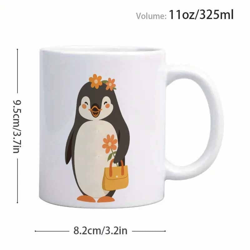 Tailorly White Ceramic 11 oz Mug - Adorable Cartoon Wearing Flowers And Carrying A Yellow Fashionable Handbag Penguin