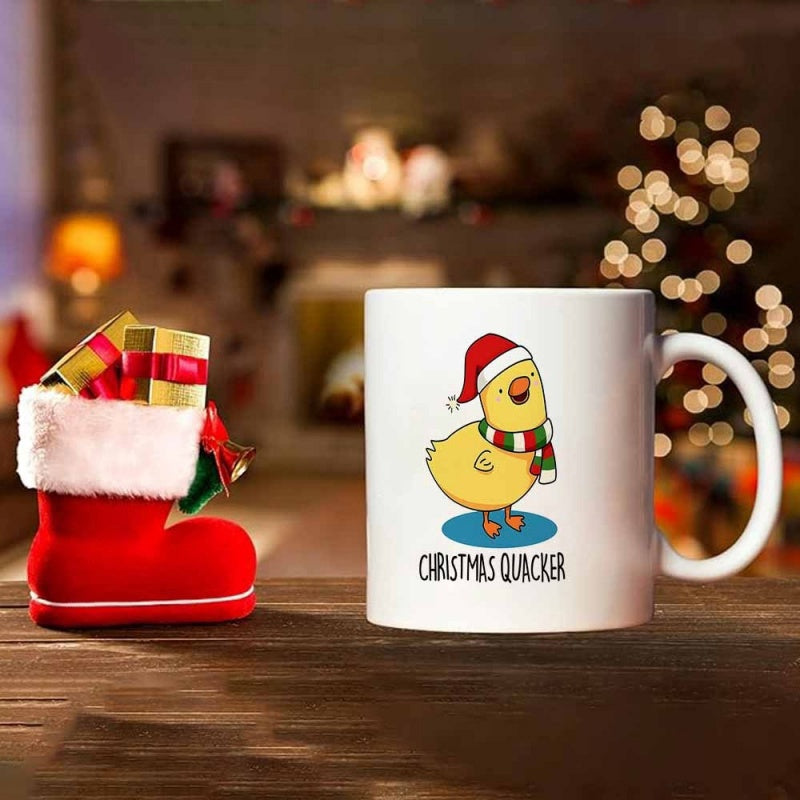 Tailorly White Ceramic 11 oz Mug - Christmas Quacker Festive Little Yellow Bird Wearing Santa Hat And Scarf For Holidays Duckling