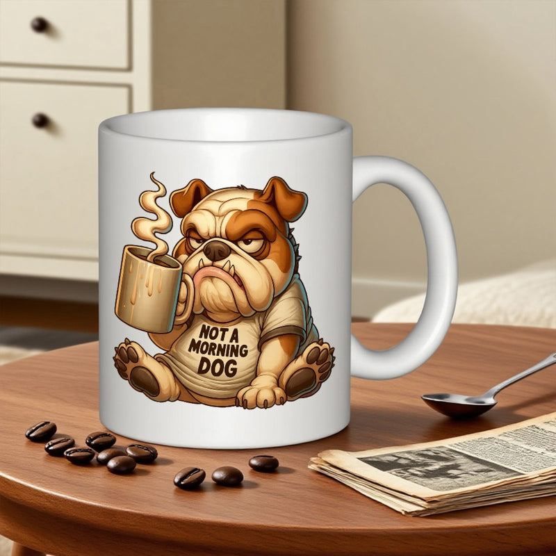 Tailorly White Ceramic 11 oz Mug - Not A Morning Dog Grumpy Brown Bulldog Holding Steaming Coffee Cup Wearing Slogan T Shirt Bulldog