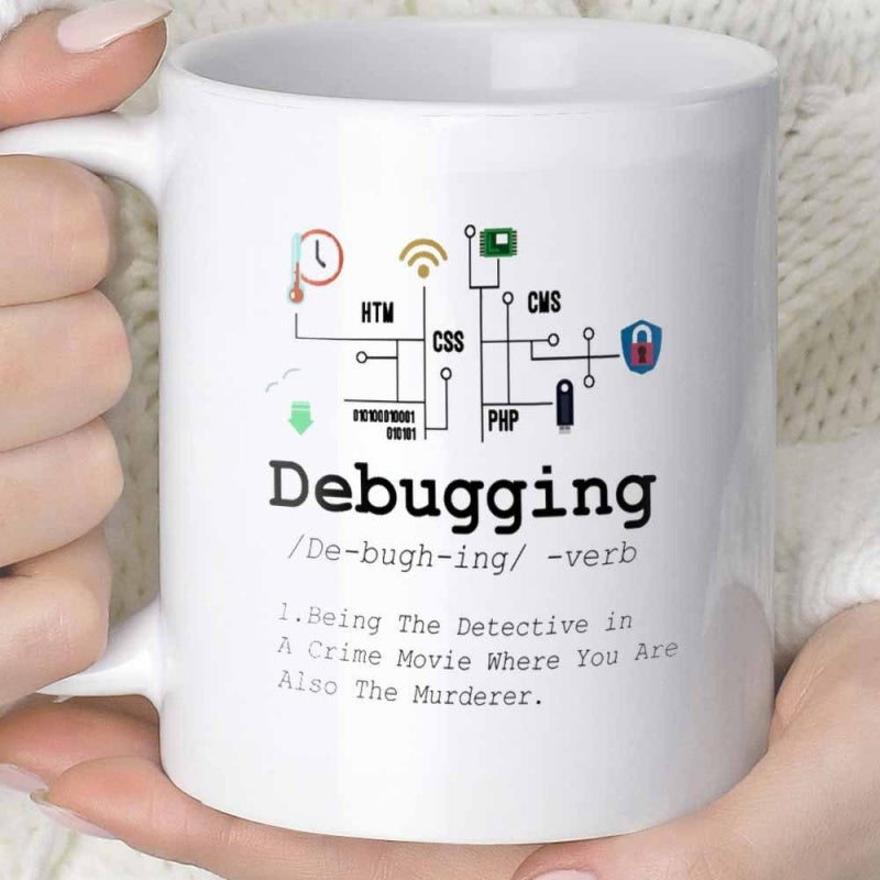 Tailorly White Ceramic 11 oz Mug - Debugging Being The Detective In A Crime Movie Circuit Diagram With Tech Icons And Internet Symbols Mug