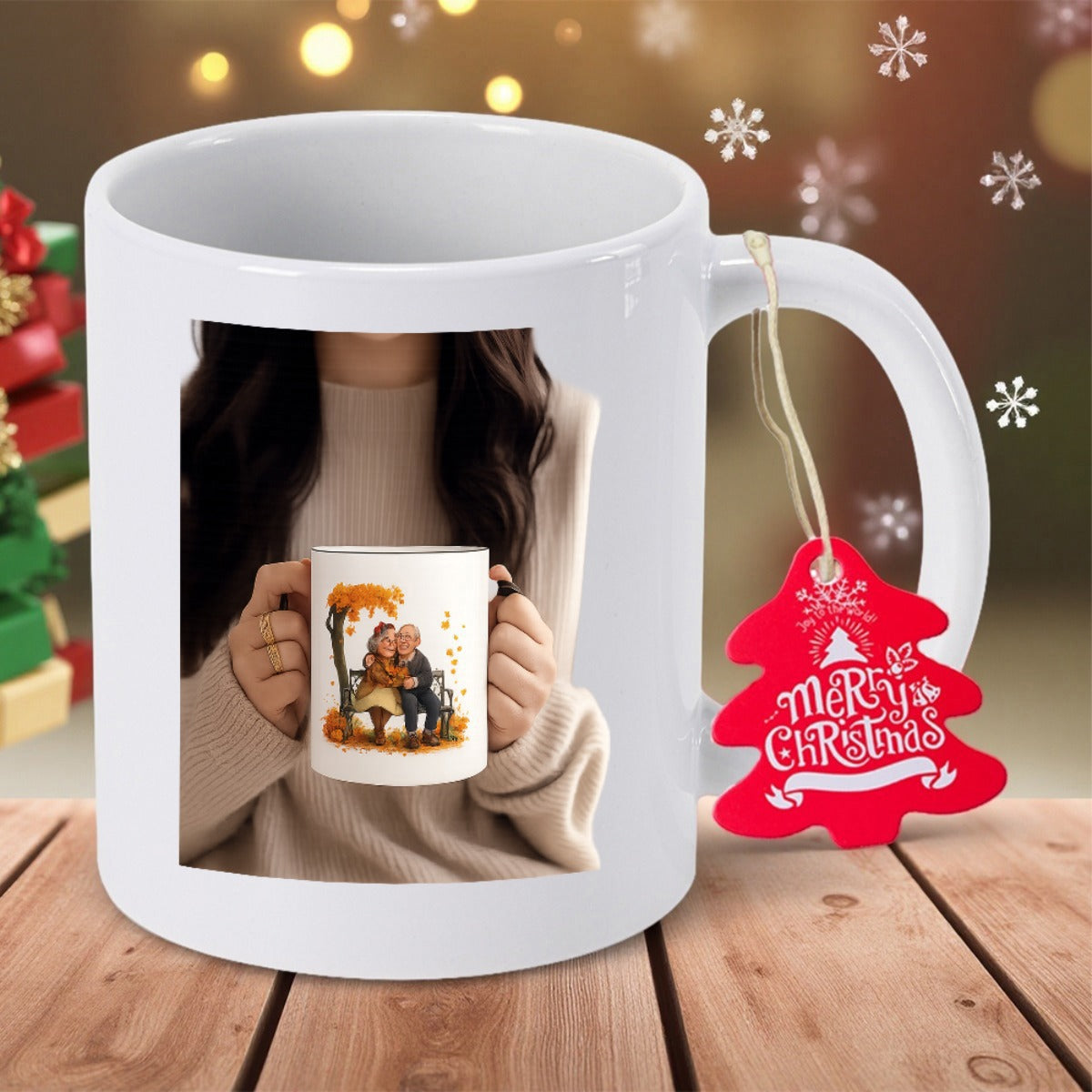 Tailorly White Ceramic 11 oz Mug - Merry Christmas Woman Holding Ceramic Mug Featuring Autumn Couple Illustration Among Cozy Lights Mug