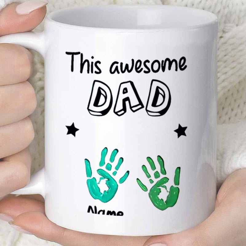 Tailorly White Ceramic 11 oz Mug - This Awesome Dad Playful Green Handprints Featuring Small Black Stars And Bold Lettering Mug