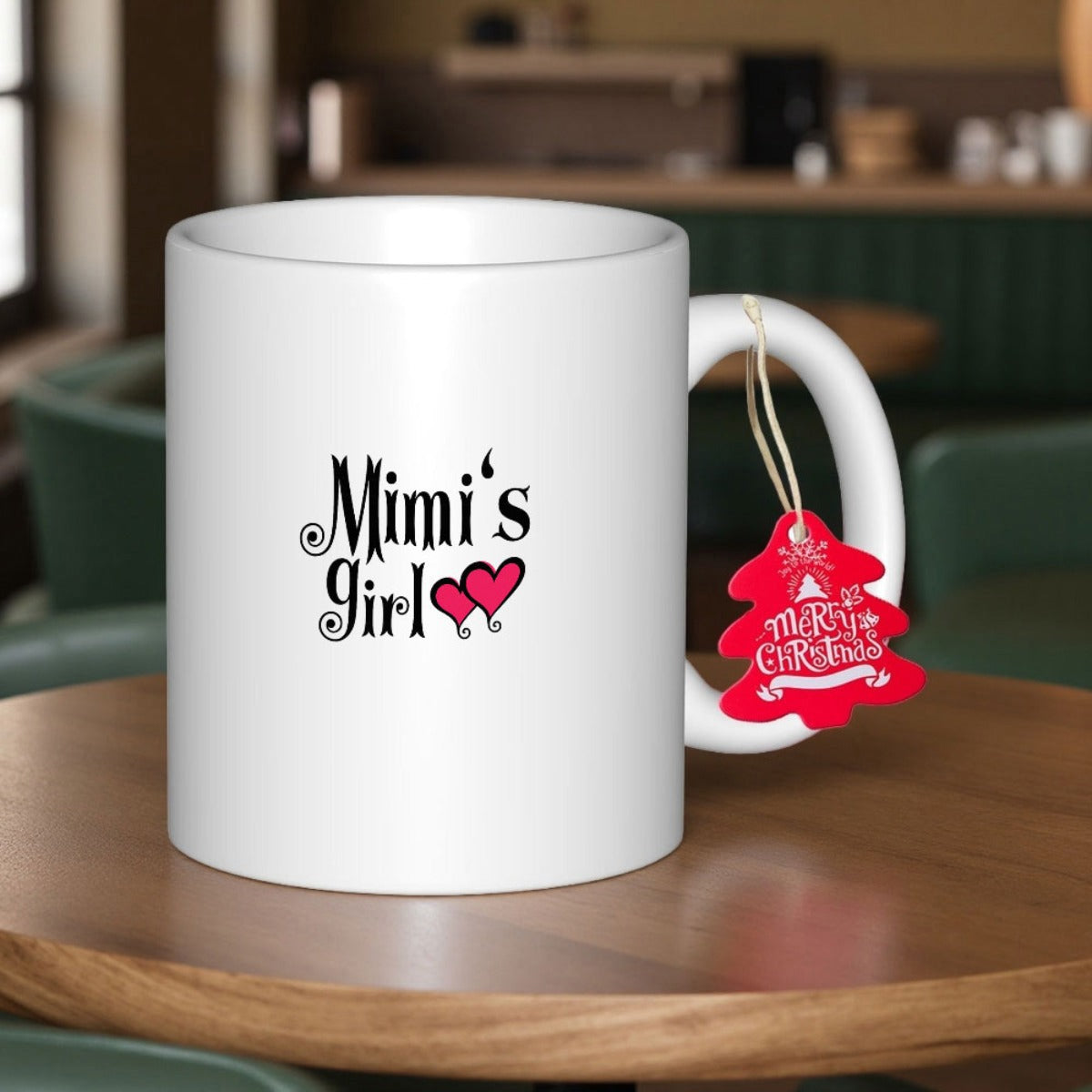 Tailorly White Ceramic 11 oz Mug - Mimis Girl Two Small Pink Hearts Beside Elegant Decorative Black Script Text Mug
