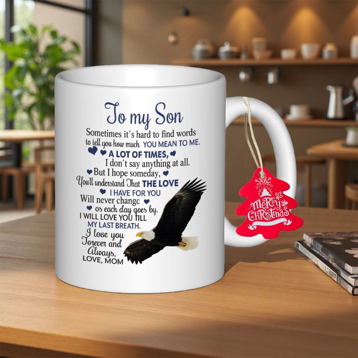 Tailorly White Ceramic 11 oz Mug - To My Son Love Mom Merry Christmas Majestic Bald Eagle Soaring Gracefully Above Sentimental Heart Felt Script Eagle