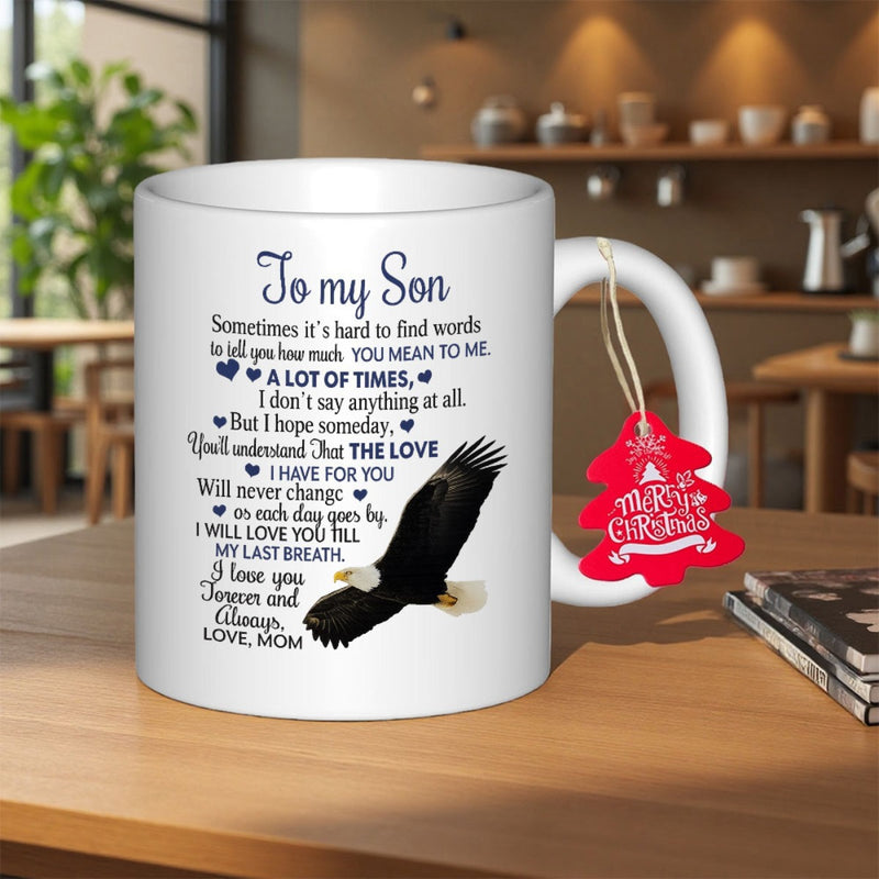 Tailorly White Ceramic 11 oz Mug - To My Son Love Mom Merry Christmas Majestic Bald Eagle Soaring Gracefully Above Sentimental Heart Felt Script Eagle