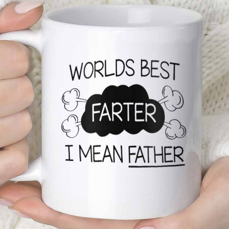 Tailorly White Ceramic 11 oz Mug - Worlds Best Farter I Mean Father Playful Minimalist Comic Style Smoke Puffs Inside A Dark Textured Cloud