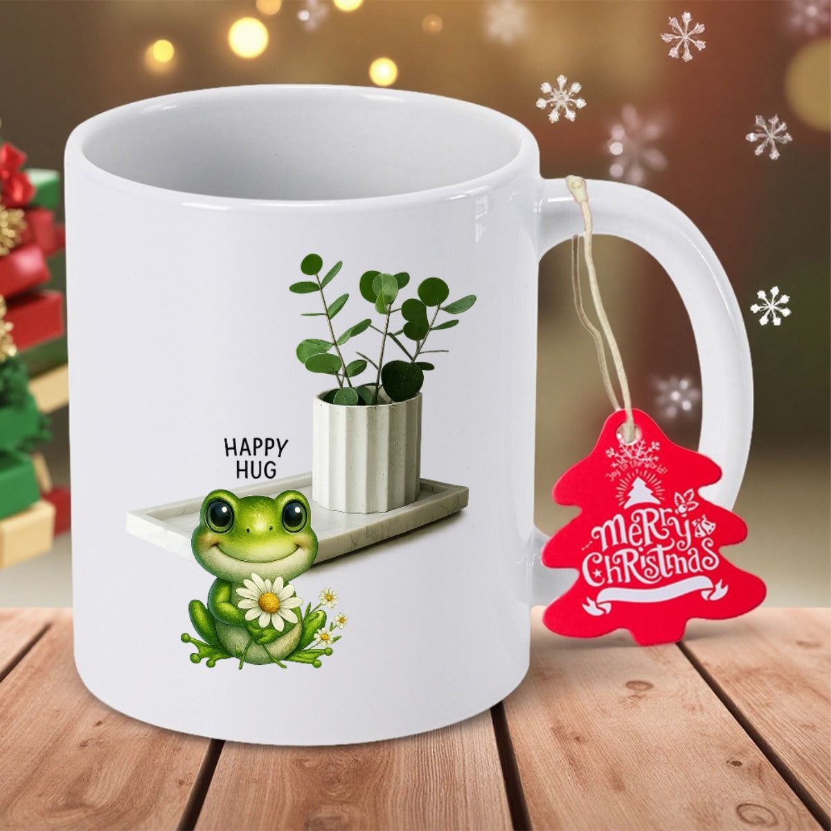 Tailorly White Ceramic 11 oz Mug - Happy Hug Smiling Little Green Frog Holding White Daisy Beside Potted Plant Frog