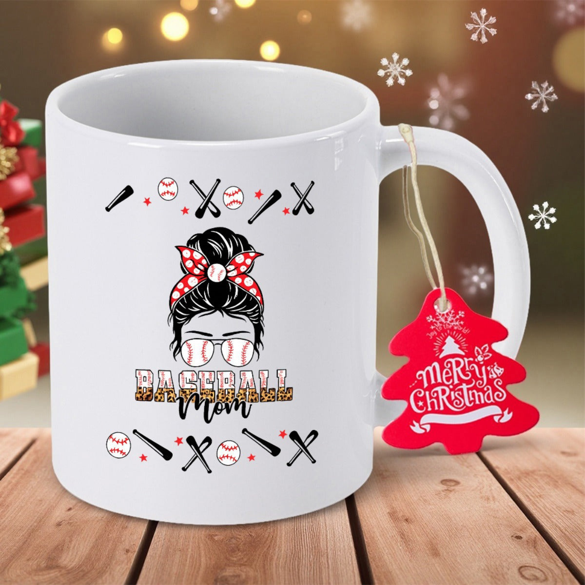 Tailorly White Ceramic 11 oz Mug - Baseball Mom Hand Drawn Messy Bun With Leopard Print Sunglasses And Athletic Elements Woman