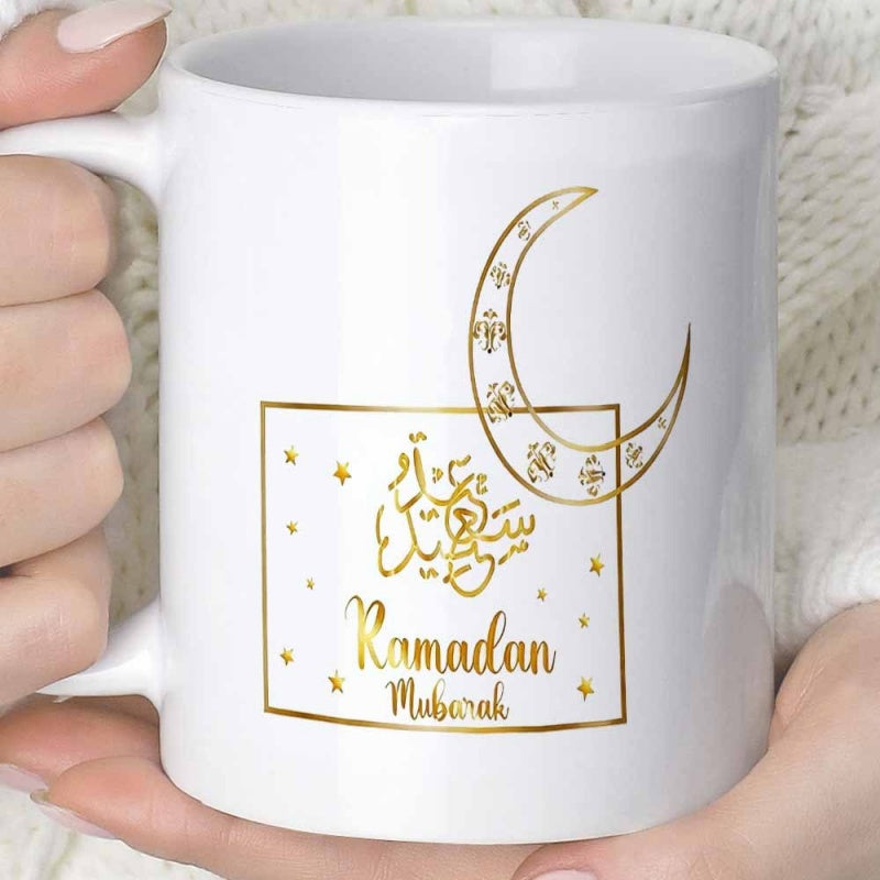 Tailorly White Ceramic 11 oz Mug - Ramadan Mubarak Golden Artistic Calligraphy Inside Square Frame With Starry Crescent