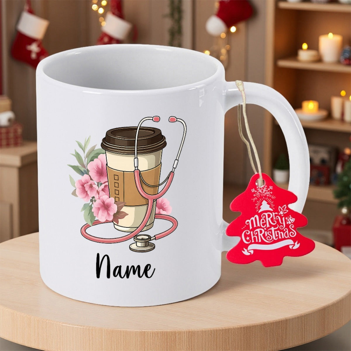 Tailorly White Ceramic 11 oz Mug - Name Pink Floral Blossoms With Medical Equipment And Morning Coffee Stethoscope