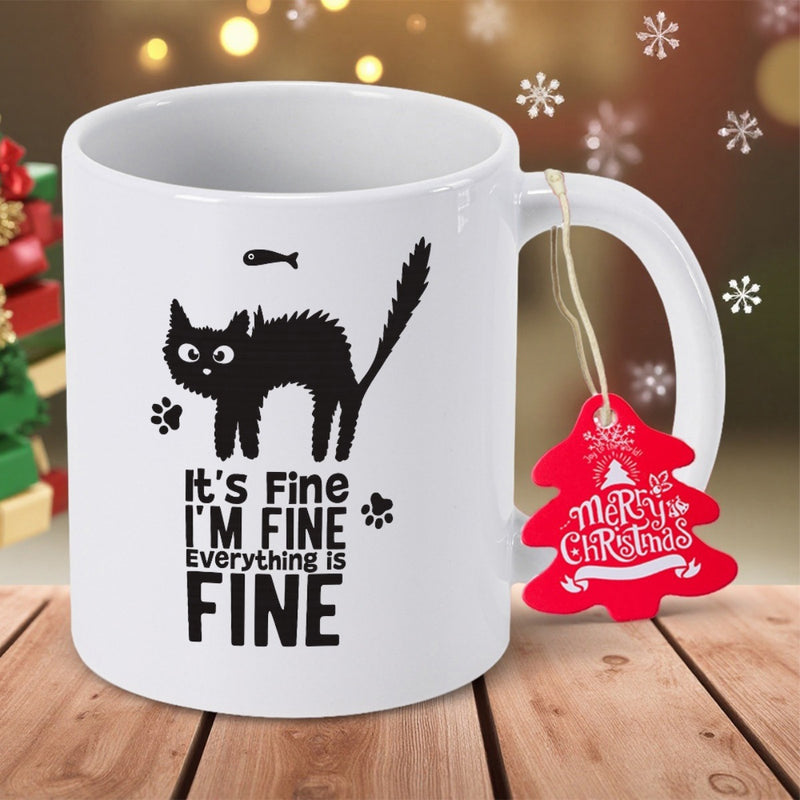 Tailorly White Ceramic 11 oz Mug - Its Fine Im Fine Everything Is Fine Startled Arched Back Silhouette With Playful Paw Prints Cat