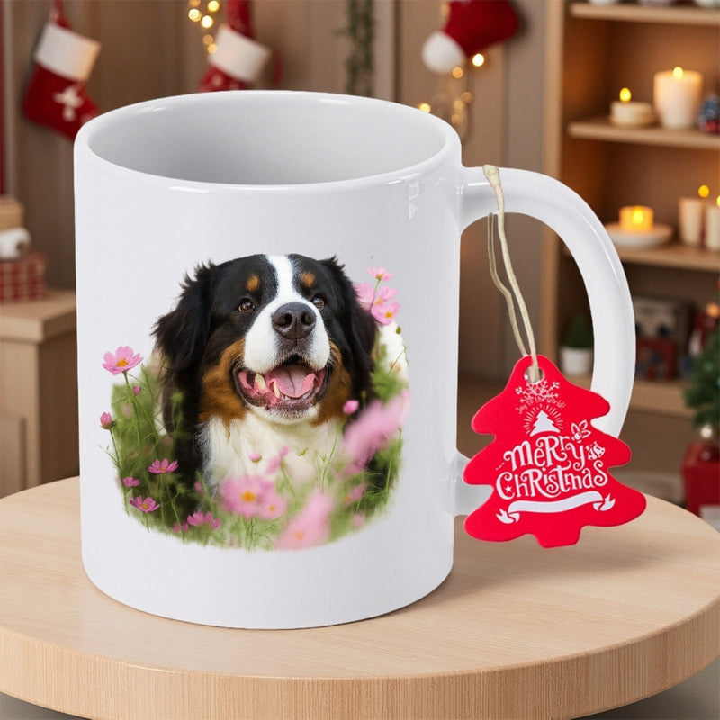 Tailorly White Ceramic 11 oz Mug - Merry Christmas Happy Fluffy Bernese Mountain Dog Sitting Among Beautiful Pink Flowers Dog