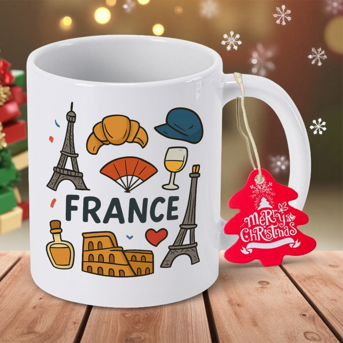 Tailorly White Ceramic 11 oz Mug - France Hand Drawn Cultural Icons Featuring Eiffel Tower And Historic Landmark