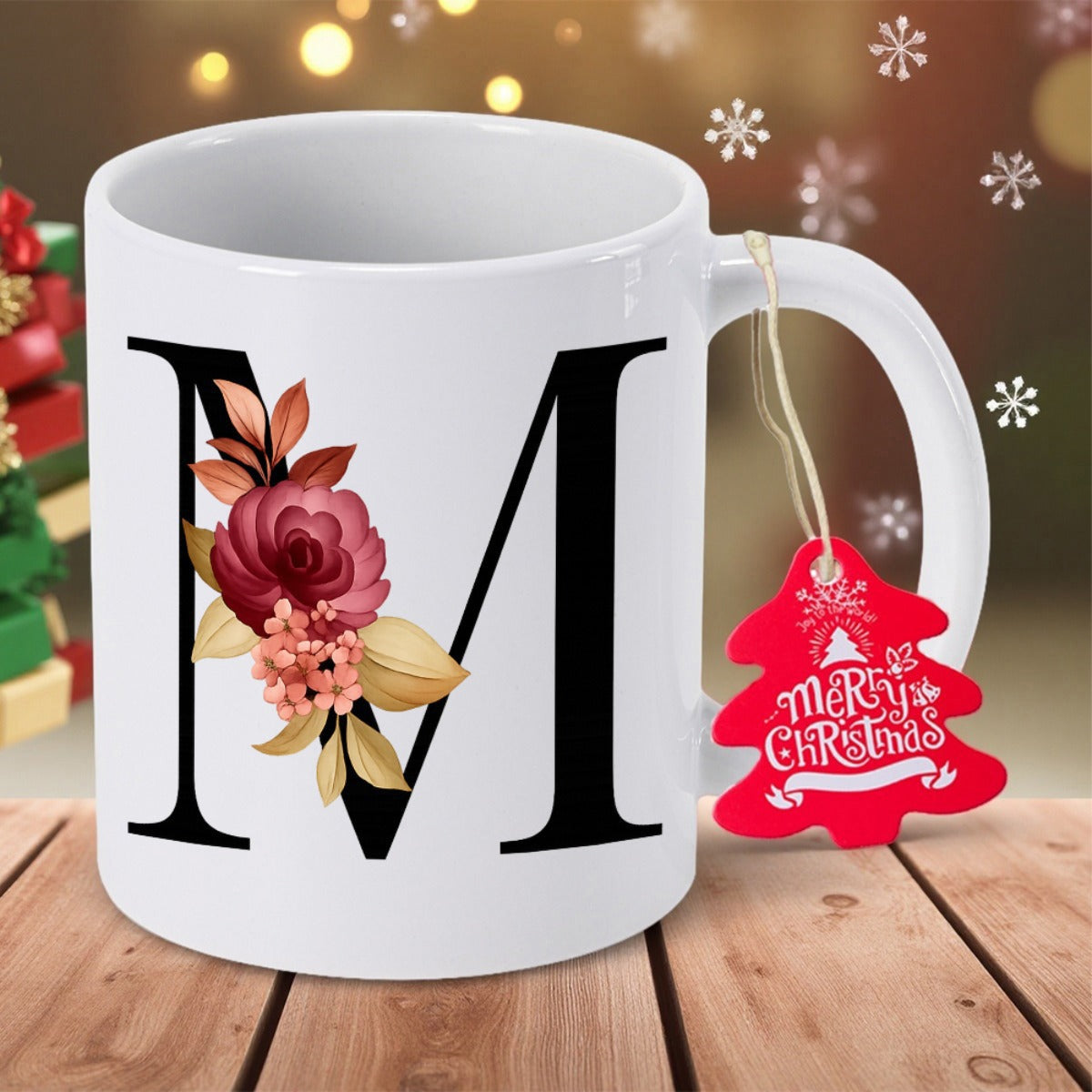 Tailorly White Ceramic 11 oz Mug - M Elegant Monogram With Burgundy Rose And Autumn Leaves Floral Decoration Initial