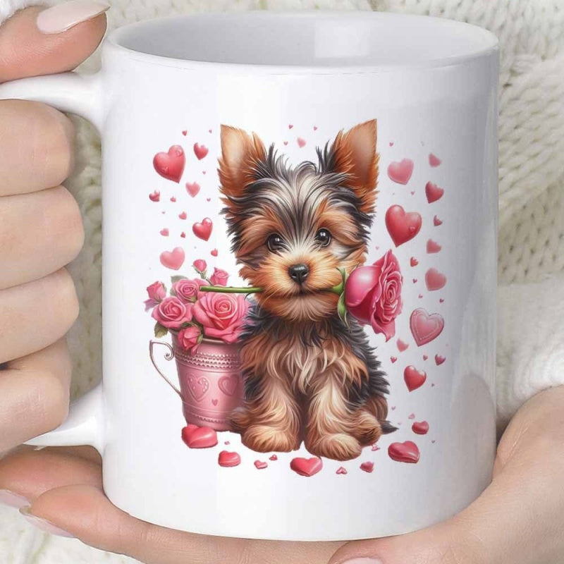 Tailorly White Ceramic 11 oz Mug - Adorable Fluffy Yorkshire Terrier Puppy Holding Pink Rose Surrounded By Floating Hearts Yorkie