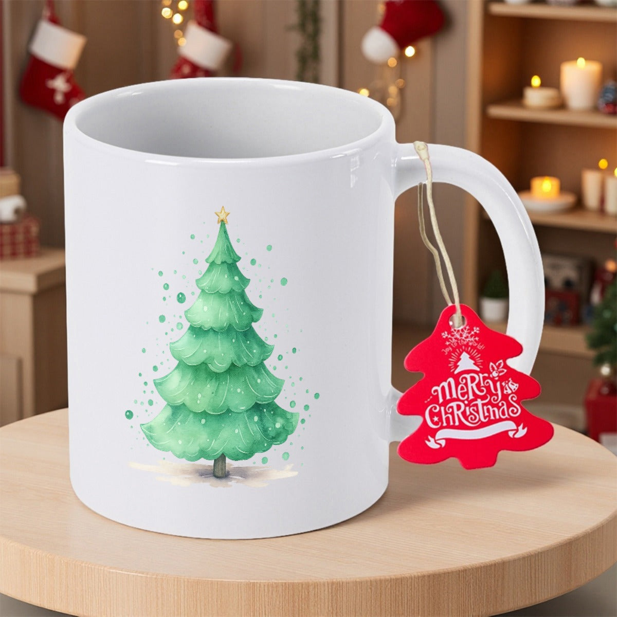 Tailorly White Ceramic 11 oz Mug - Merry Christmas Lush Green Layered Pine Standing Gracefully Among Gentle Sparkles Under Golden Star Tree