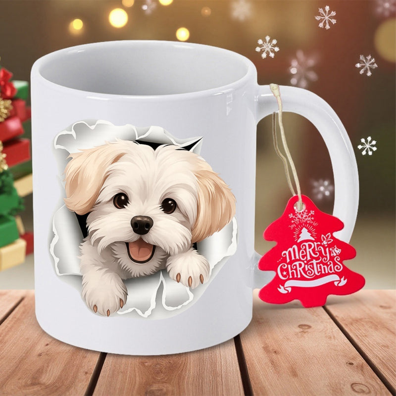 Tailorly White Ceramic 11 oz Mug - Merry Christmas Adorable Fluffy White Puppy Peeking Through Realistic Ripped Paper Effect Puppy