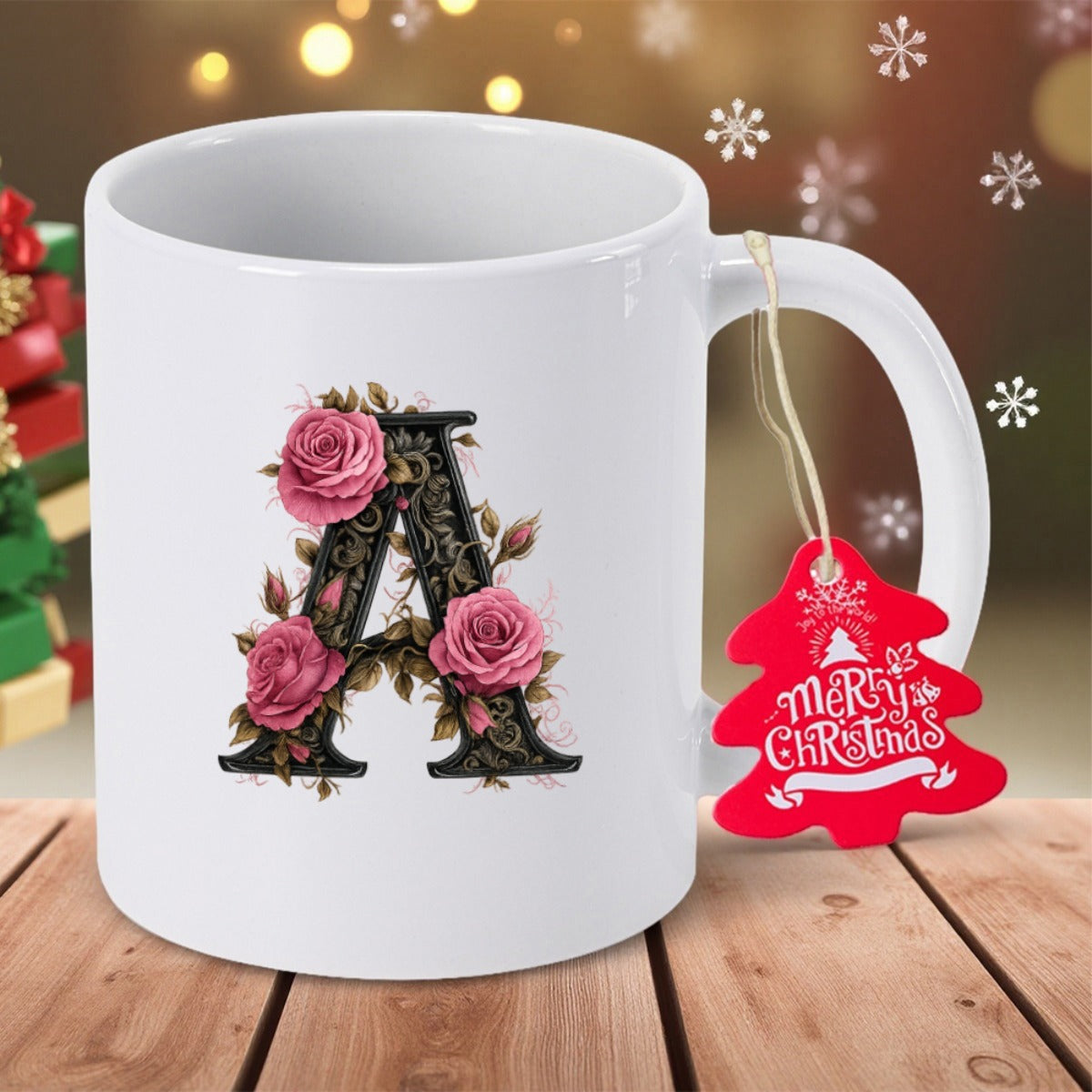 Tailorly White Ceramic 11 oz Mug - Merry Christmas Elegant Pink Roses Blooming Around A Vintage Black Serif Capital Letter