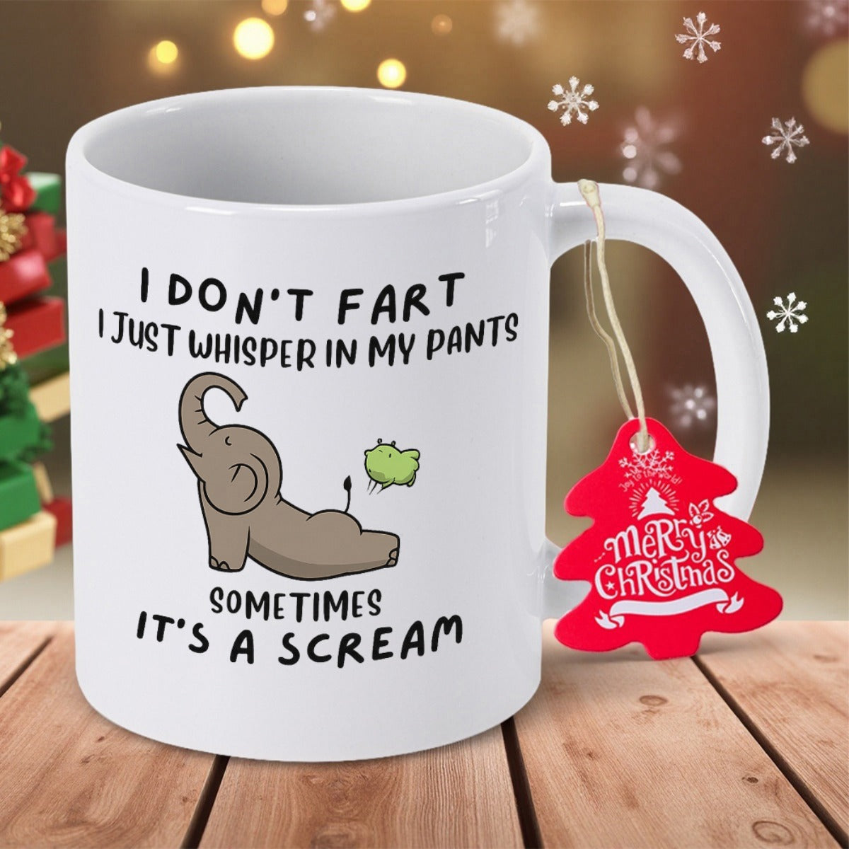 Tailorly White Ceramic 11 oz Mug - I Don't Fart I Just Whisper In My Pants Sometimes It's A Scream Funny Cartoon Elephant Stretching In Yoga Pose Releasing Small
