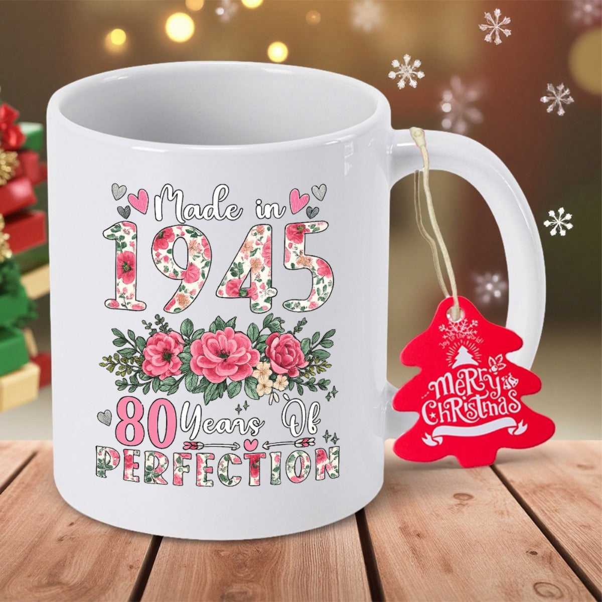 Tailorly White Ceramic 11 oz Mug - Made In 1945 80 Years Of Perfection Elegant Pink Roses Blooming Among Delicate Hearts And Vintage Floral Patterns Mug